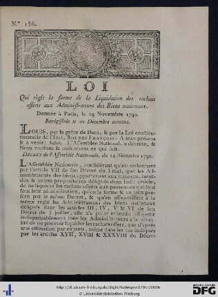Loi, Qui règle la forme de la Liquidation des rachats offerts aux Administrateurs des Biens nationaux.