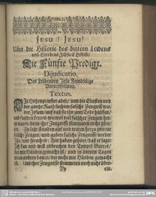 Die Fünfte Predigt. Dijudicatio. Des Leidenden Jesu Feindselige Verurtheilung