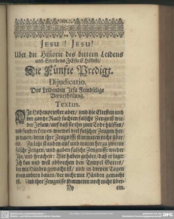 Die Fünfte Predigt. Dijudicatio. Des Leidenden Jesu Feindselige Verurtheilung