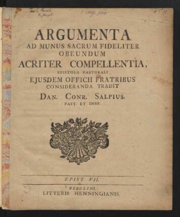 Argumenta Ad Munus Sacrum Fideliter Obeundum Acriter Compellentia, Epistola Pastorali Eiusdem Officii Fratribus Consideranda Tradit