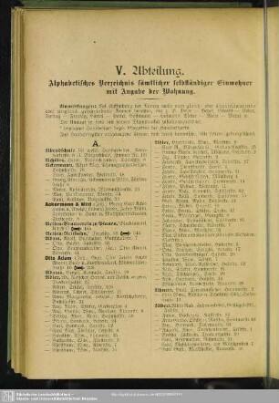 V. Abtheilung. Einwohnerverzeichnis : : V. Abtheilung. Alphabetisches Verzeichniß sämmtlicher selbständiger Einwohner mit Angabe der Wohnung