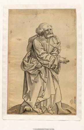 Petrus (Glatzköpfiger ohne Attribut) nach rechts, die Rechte ausstreckend