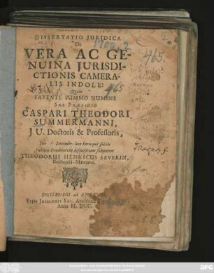 Dissertatio Iuridica De Vera Ac Genuina Iurisdictionis Cameralis Indole
