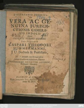 Dissertatio Iuridica De Vera Ac Genuina Iurisdictionis Cameralis Indole