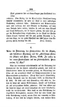 Ueber die Bedeutung des Kirchenliedes für die Schule mit besonderer Beziehung auf die "Geistlichen Lieder für Schule und Haus. Berlin, 1840. Zu haben in der neuen Knabenschule auf der Friedrichsstadt. Preis carton. 2 1/2 Sgr "