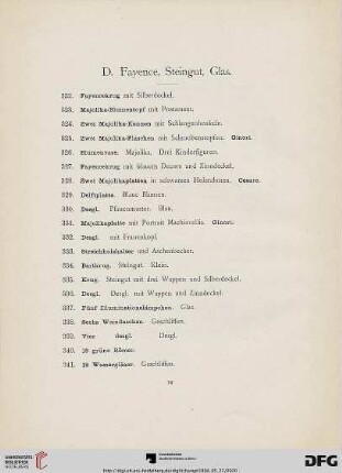 Fayence, Steingut, Glas (Nr. 322-346)