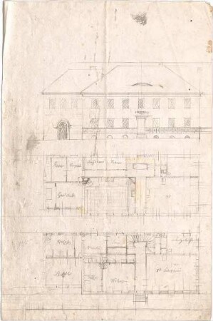 Voit, Johann Michael; Entwurf für ein Schulhaus - Grundrisse, Ansicht