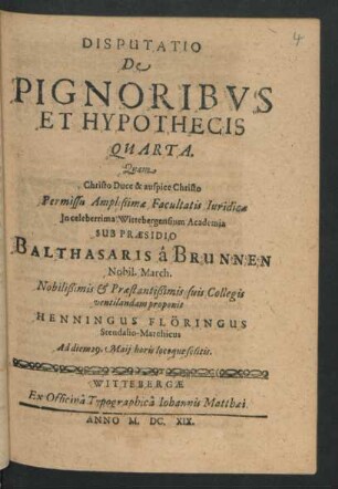 Disputatio De Pignoribus Et Hypothecis Quarta
