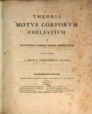 Theoria Motvs Corporvm Coelestivm In Sectionibvs Conicis Solem Ambientivm