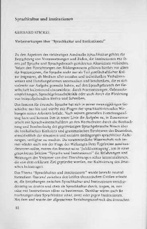 Vorbemerkungen über "Sprachkultur und Institutionen"