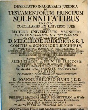 Diss. inaug. iur. de testamentorum principum solennitatibus : una cum corollariis ex universo iure