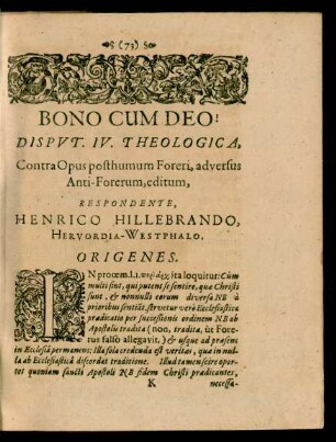 Disputatio IV. Theologica, ... Respondente, Henrico Hillebrando, Hervordia-Westphalo.
