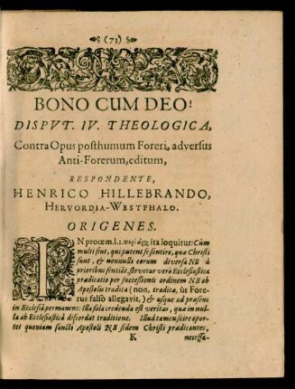 Disputatio IV. Theologica, ... Respondente, Henrico Hillebrando, Hervordia-Westphalo.