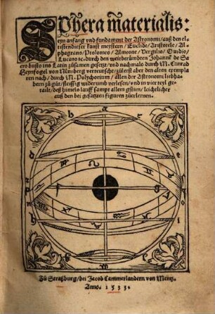 Sphera materialis : eyn anfang und fundament der Astronomi, auß den eltisten dieser Kunst meystern, Euclide, Aristotele, Alphagrano, Ptolomeo, Almeone, Vergilio, Ovidio, Lucano etc ...