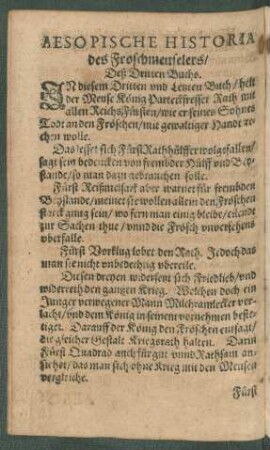 Aesopische Historia des Froschmeuselers/ Deß Dritten Buchs.