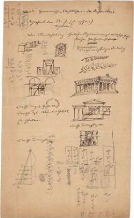 Thiersch, August ; Proportionsstudien - Gebäude (Teilansicht, Perspektive, Details)