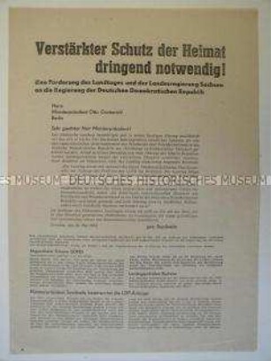 Flugschrift mit der Forderung des Landesregierung Sachsen an die DDR-Regierung nach energischen Maßnahmen gegen die Tätigkeit westlicher Agenten und Saboteure