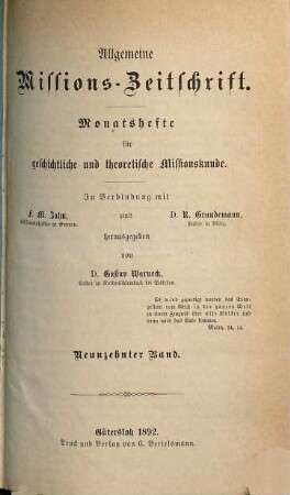Allgemeine Missions-Zeitschrift : Monatsh. für geschichtl. u. theoret. Missionskunde. 19. 1892