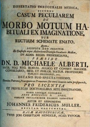 Dissertatio Inauguralis Medica, Sistens Casum Peculiarem De Morbo Motuum Habituali Ex Imaginatione, Sub Ructuum Schemate Enato