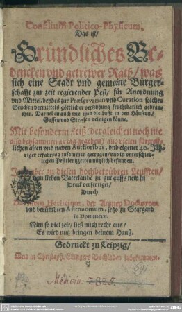 Consilium politico-physicum : zur Zeit regierender Pest