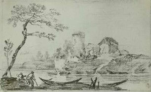 Fischer und Kähne an Flußlandschaft