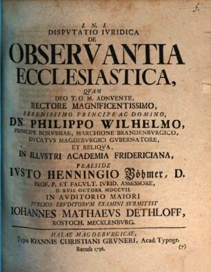 Dispvtatio Ivridica De Observantia Ecclesiastica