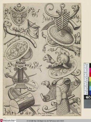 [Deux trophées. Le premier offre vers en bas un lyre, un violon, une guitarre et un tambour; Two Trophies including Musical Instruments; Zwei Trophäen und Musikinstrumente]