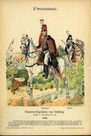 Uniformdarstellung, Trompeter und Gemeiner des Husaren-Regiments H 5, Königreich Preußen, 1792.