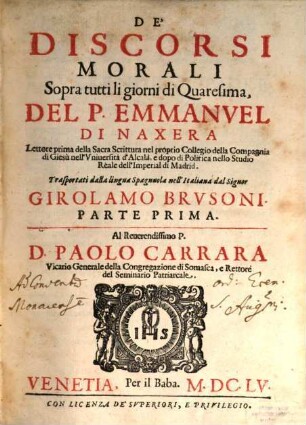 De' Discorsi Morali Sopra tutti li giorni di Qvaresima, 1