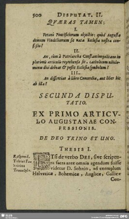Secunda Disputatio. Ex Primo Articulo Augustanae Confessionis. De Deo Trino Et Uno