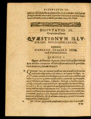 Disputatio IV. Respondente Stephano Crugero