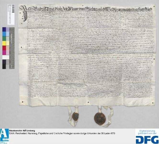 Anna Tucherin, Priorin und Ursula Zeisin, Konventualin des Klosters Engelthal, übergeben vor Gabriel Tetzel, Pflegern, und Bürgermeister, Rat und Schöffen der Stadt Hersbruck an Jobst Tetzel und Gabriel Nützel, beide des Älteren Geheimen Rates zu Nürnberg, als Abgesandten des Rats daselbst, die Baulichkeiten und Einkünfte des Klosters Engelthal. - Siegler: der obengenannte Pfleger und der Rat der Stadt Hersbruck.