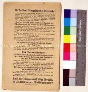 Konvolut: 11 Stück Gegen die SPD gerichteter programmatischer Wahl- und Beitrittsaufruf der Kommunistischen Partei Deutschlands an die Arbeiter, Angestellten und Beamten sowie Werbung für die kommunistische "Hamburger Volkszeitung"