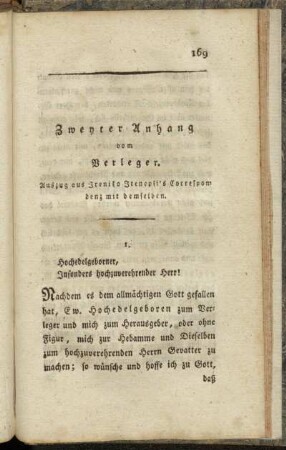 Zweyter Anhang vom Verleger. Auszug aus Ireniko Itenepsi's Correspondenz mit demselben