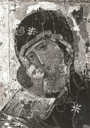 Gottesmutter von Vladimir : Gottesmutter von Vladimir. Ikonenmalerei; 113,6 x 68 cm. Köpfe von Mutter und Kind. Moskau: Tretjakow-Galerie