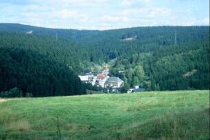 Blick auf ehemaliges Glaswerk im Tal, von viel Wald umgeben