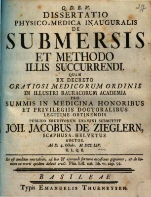 Dissertatio Physico-Medica Inauguralis De Submersis Et Methodo Illis Succurrendi