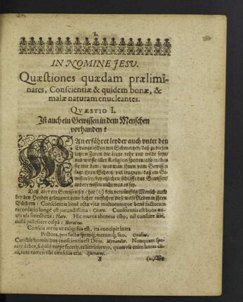 Quaestiones quaedam praeliminares, Conscientiae & quidem bonae, & malae naturam enucleantes.