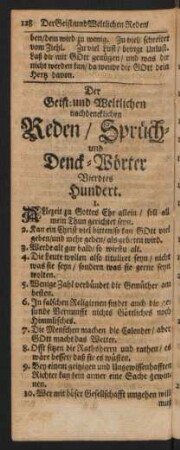 Der Geist- und Weltlichen nachdencklichen Reden/ Sprüch- und Denck-Wörter Vierdtes Hundert