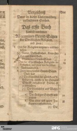 Verzeichniß Derer in dieser Unterweisung enthaltenen Sachen.