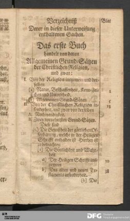 Verzeichniß Derer in dieser Unterweisung enthaltenen Sachen.