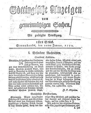 1stes Stück. Sonnabends, den 11ten Januar, 1772.
