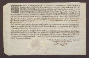 Zeugnis über erste Tonsur Franz Lothar von Breidbachs zu Bürresheim.
