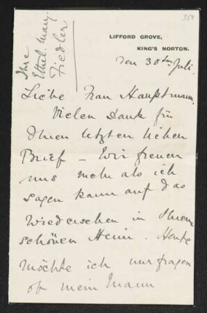 Brief von Ethel Mary Fiedler an Margarete Hauptmann