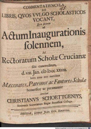 Commentativncvla De Libris, Qvos Vvlgo Scholasticos Vocant