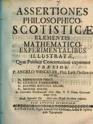 Assertiones philosophico-scotisticae elementis mathematico-experimentalibus illustratae