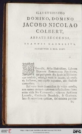 Illustrissimo Domino, Domino Jacobo Nicolao Clbert, abbati beccensi, Ioannes Garenerius, presbyter e soc. Iesu