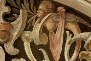 Fensterrahmung mit weiblicher Maske, Greifvögeln, Schlangen, Hasen, Putten und Katzen