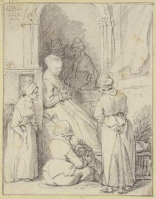 Eine Frau sitzt mit einem Kinde auf der Erde unter dem Portal eines Hauses, dabei drei Frauen und zwei Männer