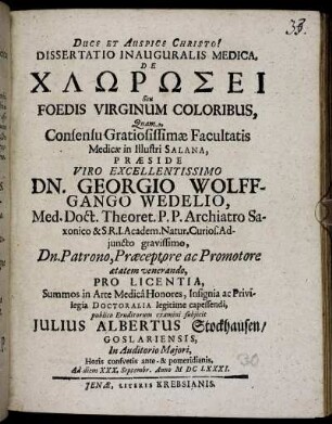 Dissertatio Inauguralis Medica, De Chlōrōsei Seu Foedis Virginum Coloribus